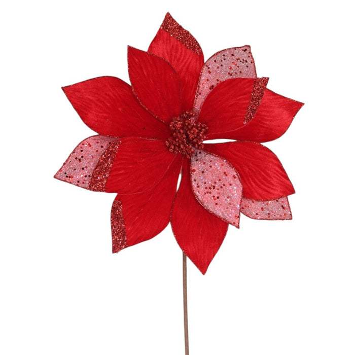 20-inch red velvet poinsettia pick with glittered sheer petals