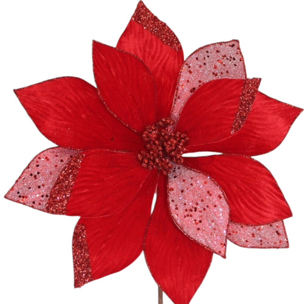Red velvet Christmas poinsettia floral pick alternate view
