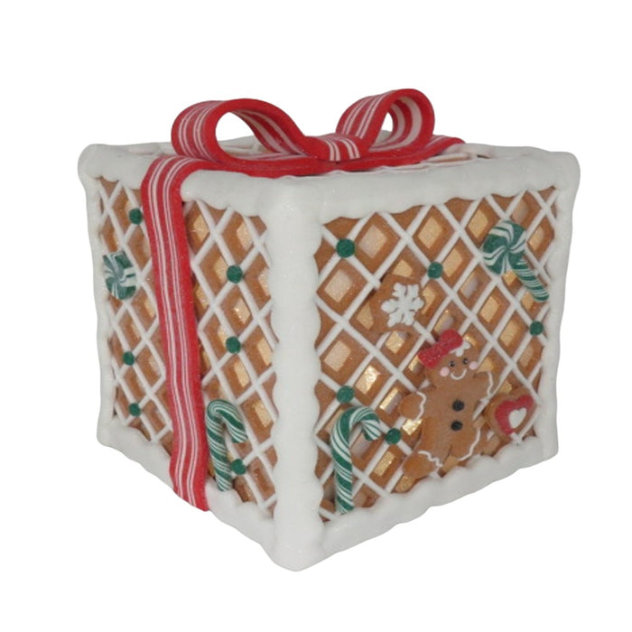 7.9" Lighted Gingerbread Gift Box with Red Bow – product image 1