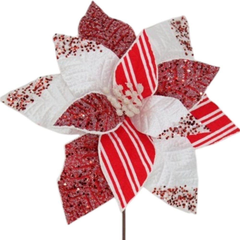 24" Red & White Candy Cane Poinsettia Pick – Glitter Christmas Floral Stem