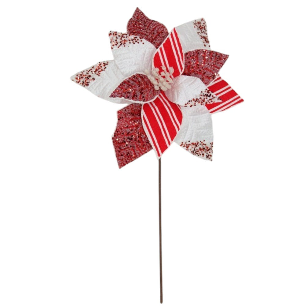24" Red & White Candy Cane Poinsettia Pick – Glitter Christmas Floral Stem