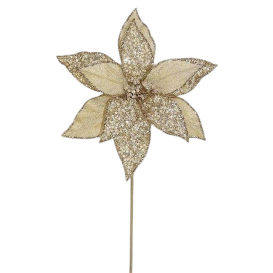 18" Champagne Gold Glitter Poinsettia Pick – Elegant Christmas Floral Stem