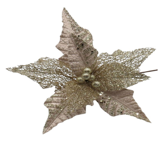 12" Champagne Velvet Poinsettia Flower with Sheer Edges – Elegant Christmas Floral Decoration