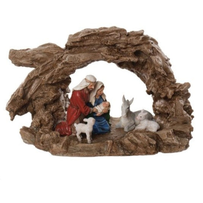 11-inch resin Holy Family Nativity with animals and rock creche