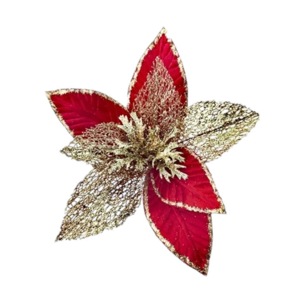 12” Red Velvet Sheer Poinsettia Flower - Elegant Christmas Floral Decoration