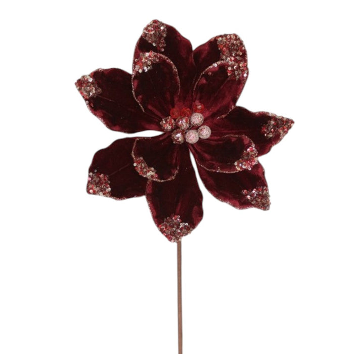 Burgundy velvet poinsettia pick with glittered edges