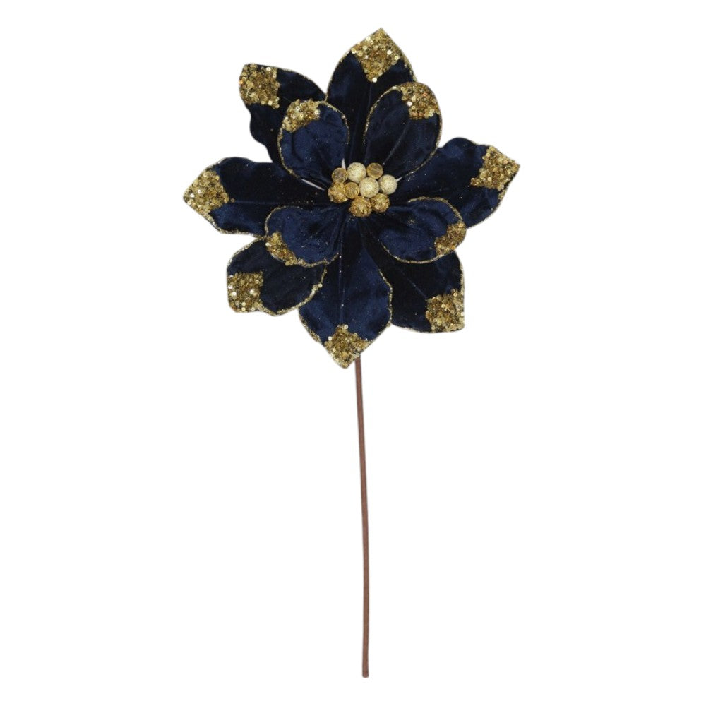 Navy blue velvet poinsettia pick with gold glitter edge