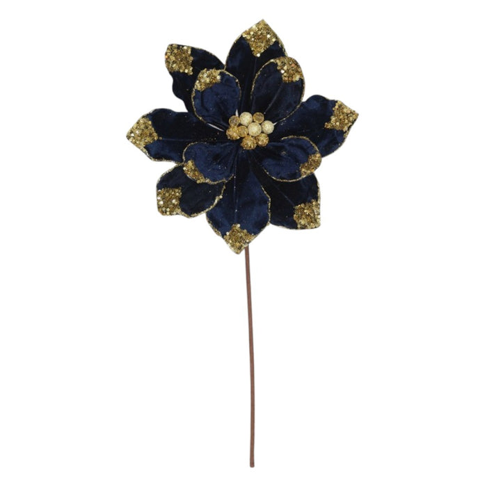Navy blue velvet poinsettia pick with gold glitter edge