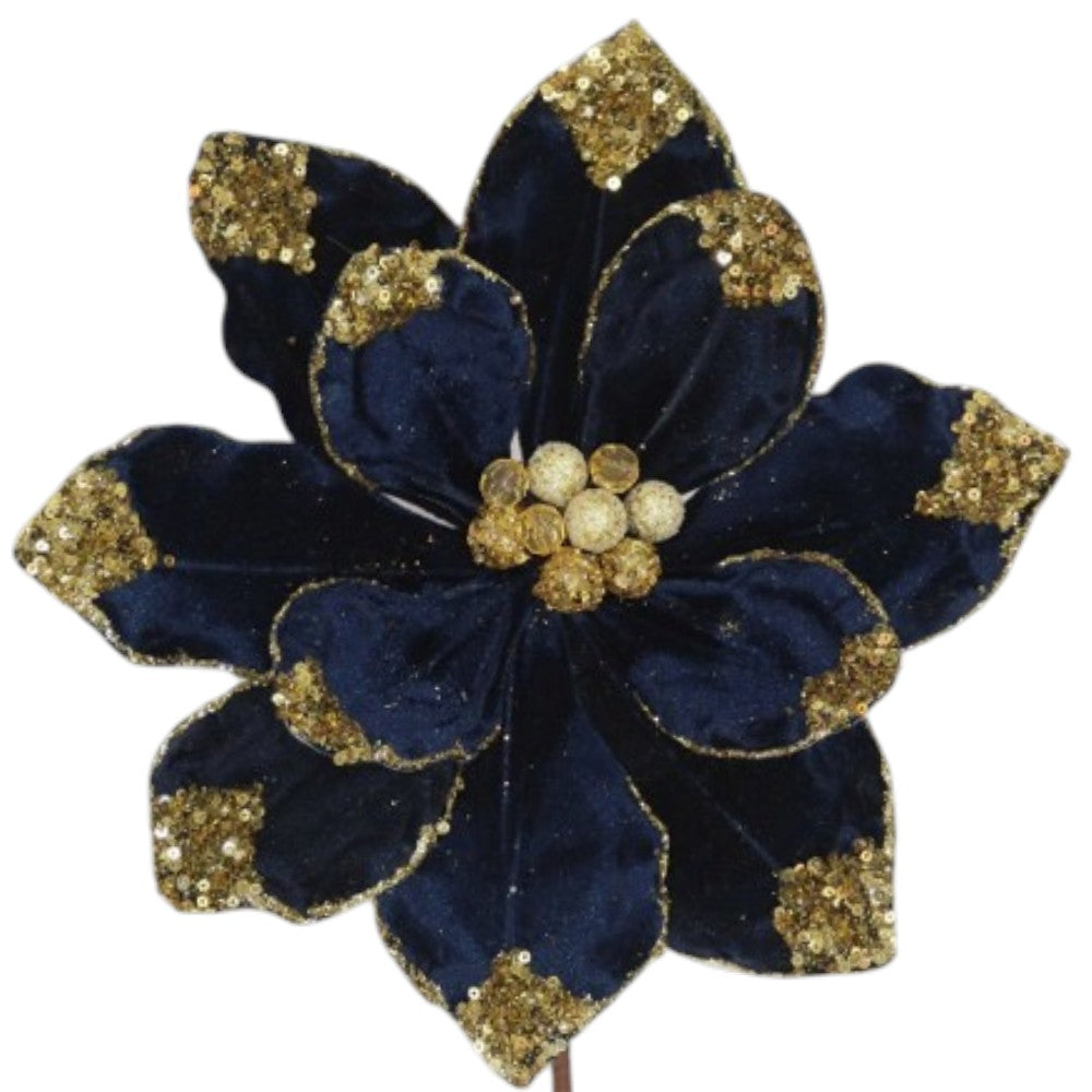 Navy and gold Christmas poinsettia floral pick alternate view