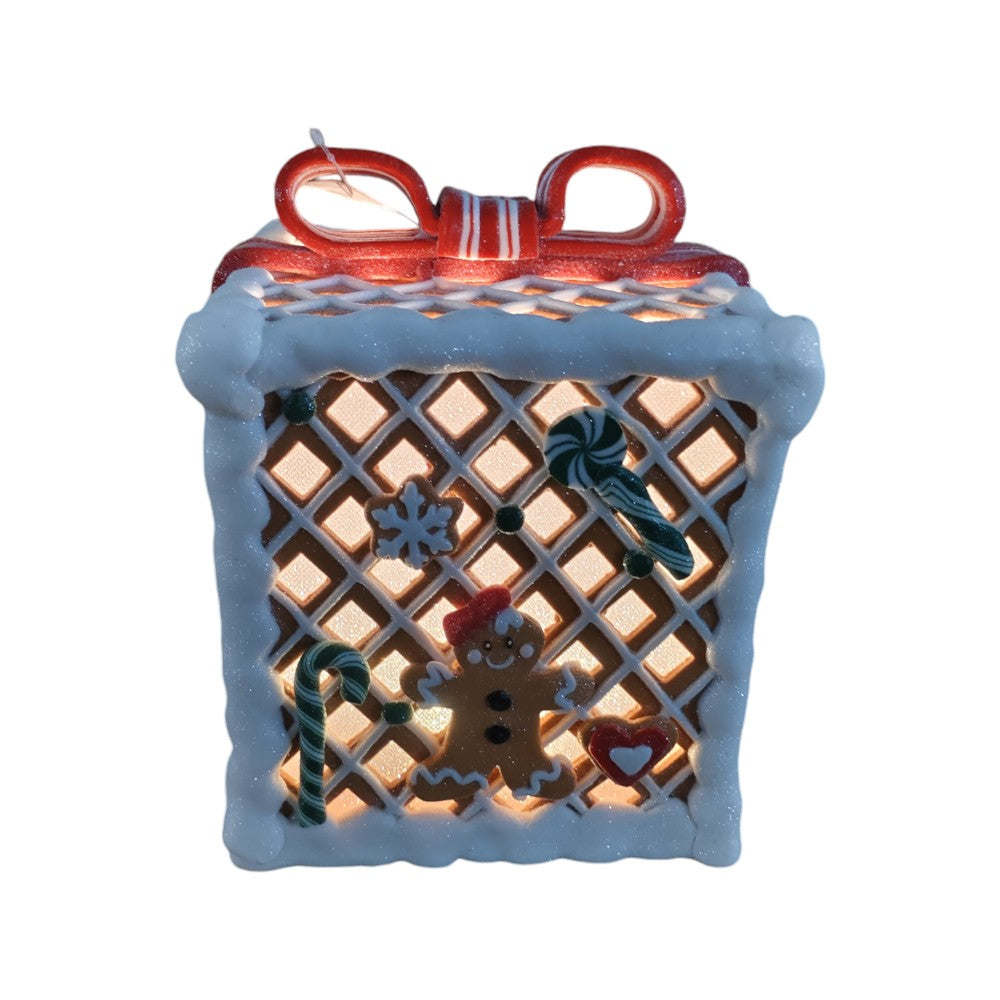 7.9" Lighted Gingerbread Gift Box with Red Bow – product image 2