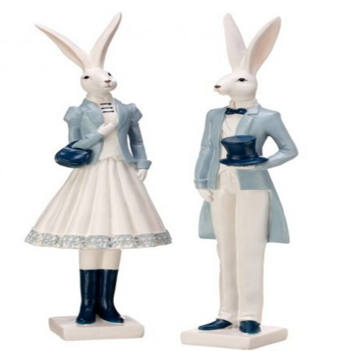 12.5" Blue & White Easter Bunny Resin Figurine