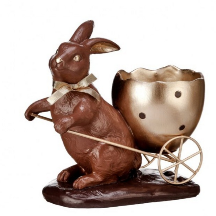 6" Chocolate-Style Bunny with Egg Cart Resin Figurine
