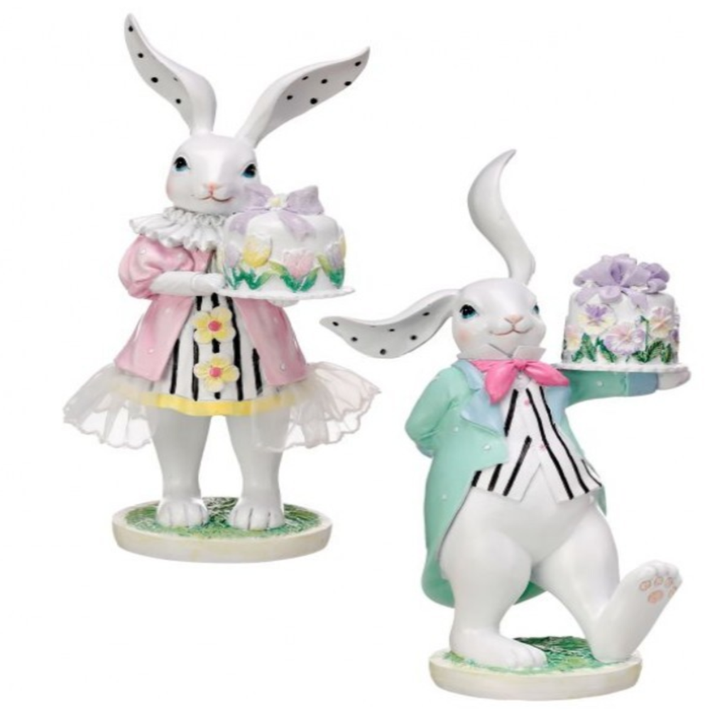 9" Resin Bunny with Mini Cake Set - Elegant Easter Tabletop Décor