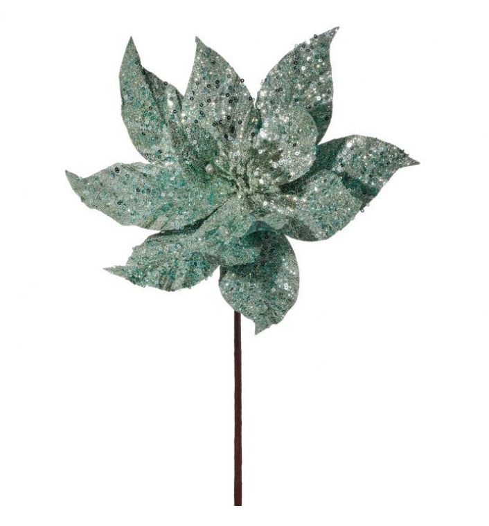 24" Mint Green Glitter Poinsettia Stem - Elegant Christmas Floral Decoration