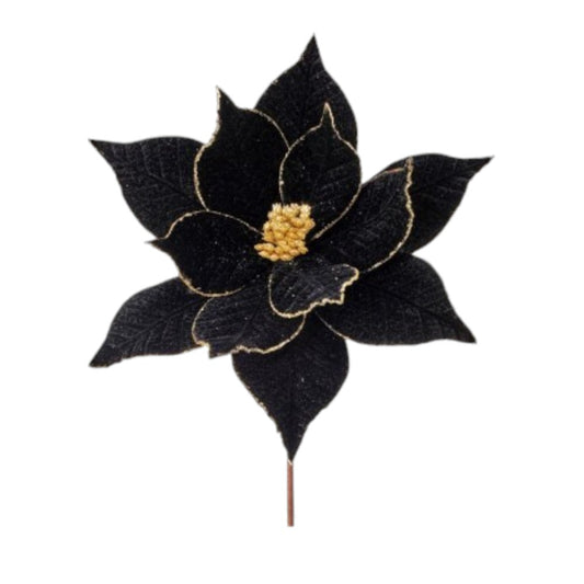 22" Black Velvet Poinsettia Stem with Gold Trim - Luxurious Christmas Floral Decoration