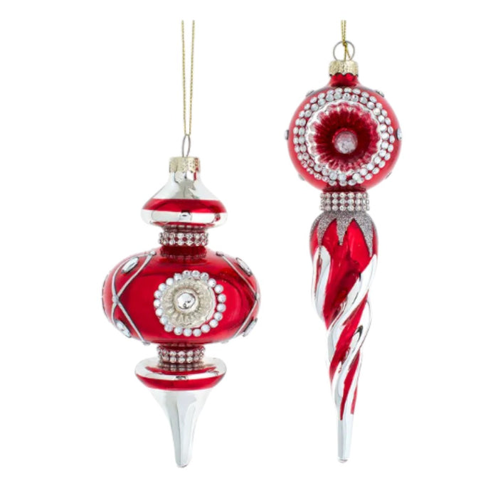 6.5 to 8.5-inch red and silver glass finial ornaments set of 2