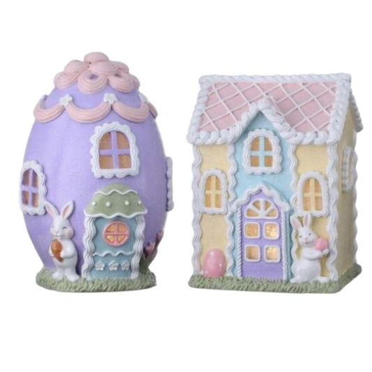 8-9" LED Battery-Operated Easter Sweets Houses - Set of 2 Resin Decorations