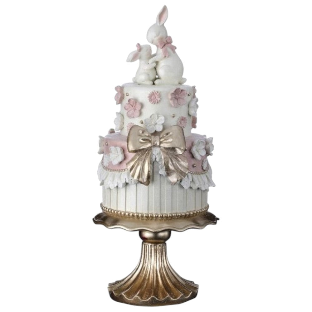 18" Resin Easter Cake with Bunnies - Elegant Spring Centerpiece