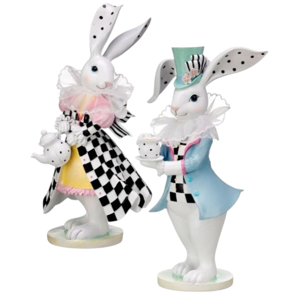 12" Resin & Fabric Brunch Bunny Set - Whimsical Easter Tea Party Décor