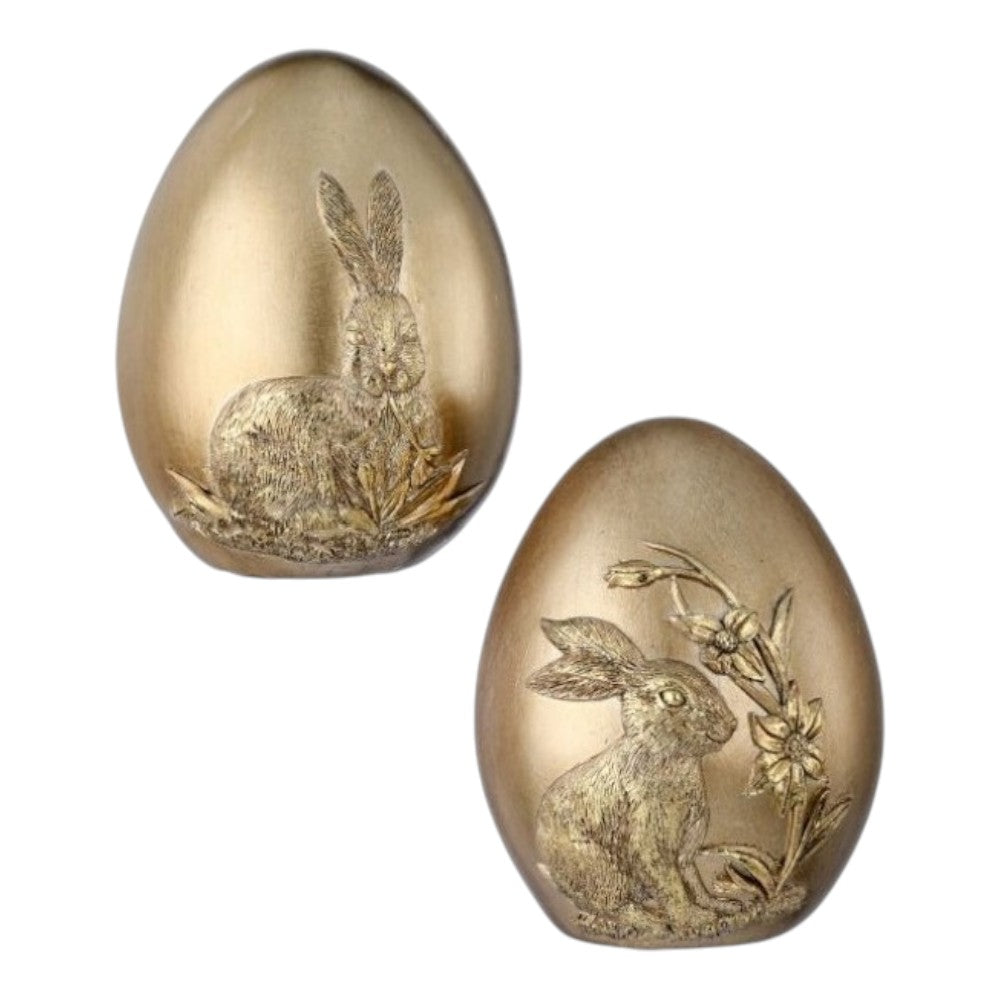 4.5" Resin Golden Egg with Embossed Bunny - Elegant Easter Decor (Set of 2)