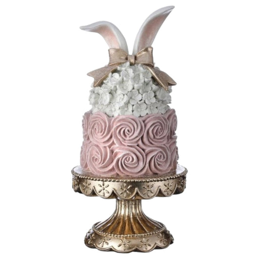 13.5" Resin Easter Cake with Bunny Ears on Pedestal – Elegant Spring Decoration