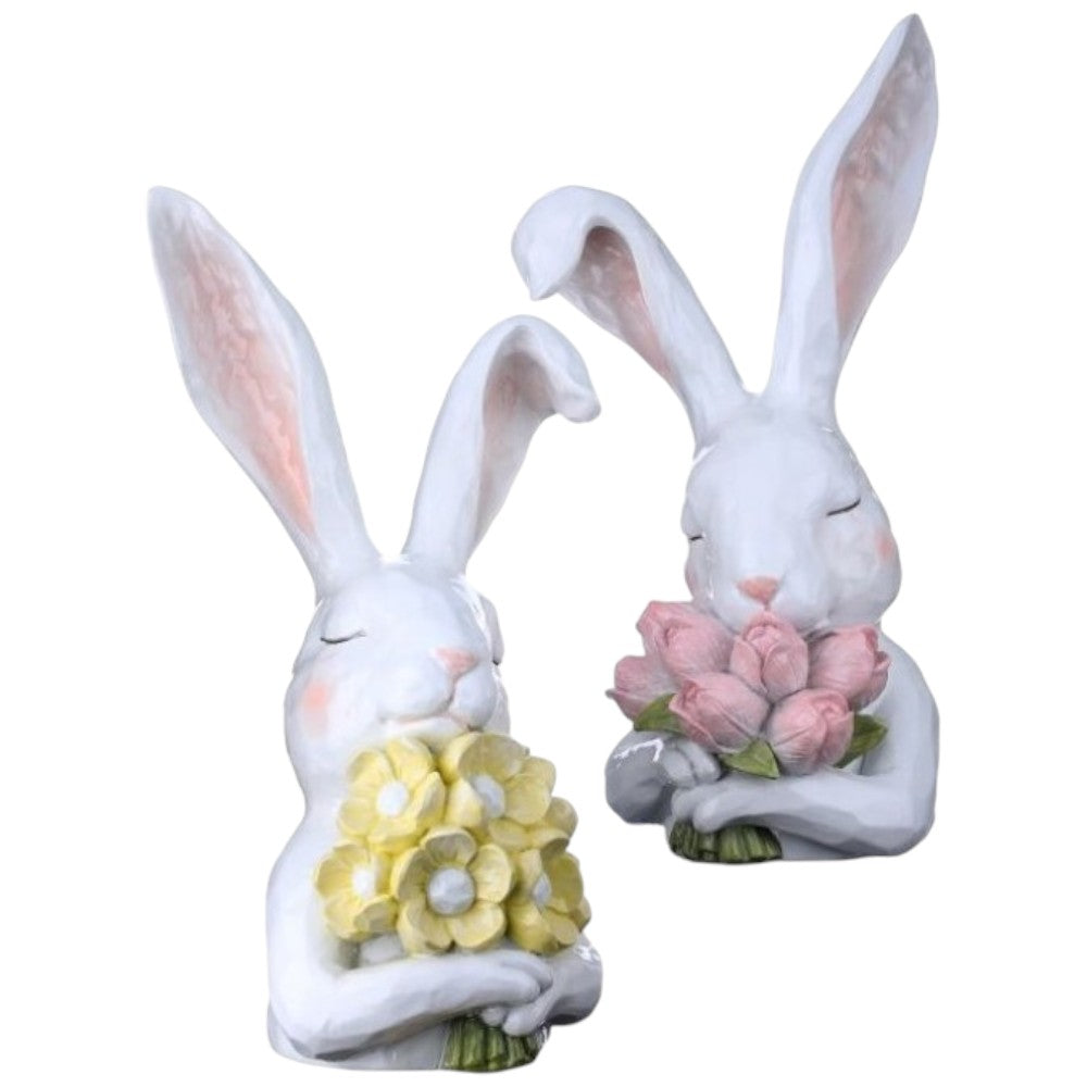 12" Resin Thoughtful Bunny with Flowers – Easter & Spring Décor (Set of 2)