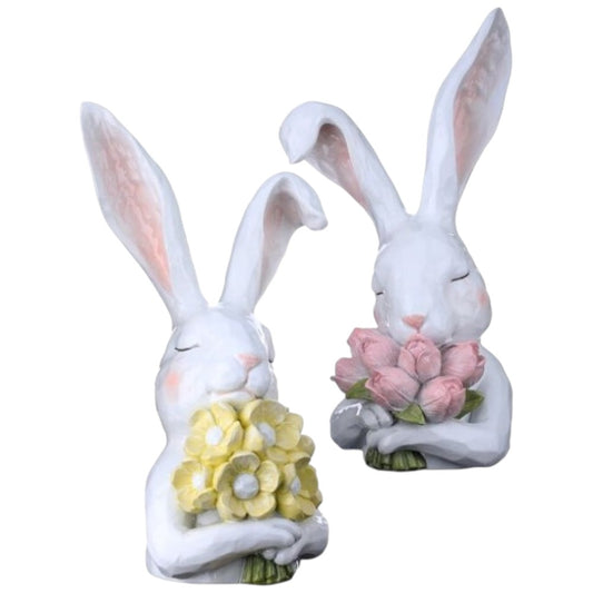 12" Resin Thoughtful Bunny with Flowers – Easter & Spring Décor (Set of 2)