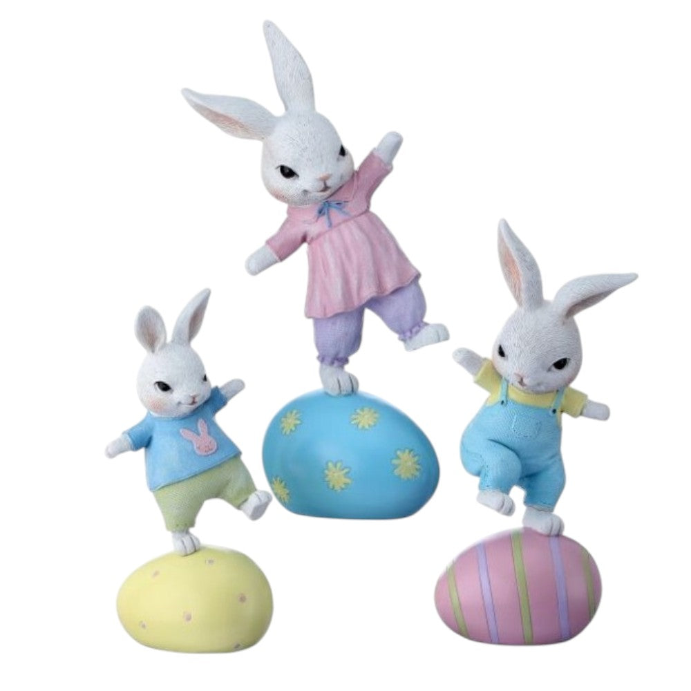 Easter Bunny Balancing on Eggs Resin Figurine Set