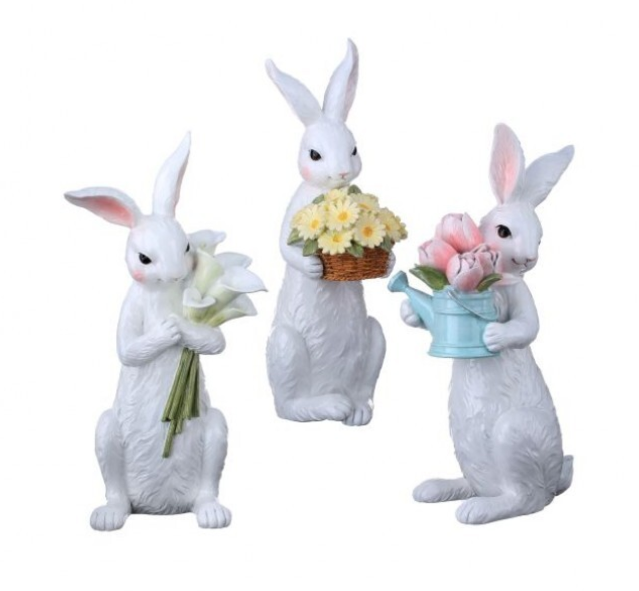 11.5" Resin Bunny with Floral Bouquet – Spring & Easter Decoration (Set of 3)