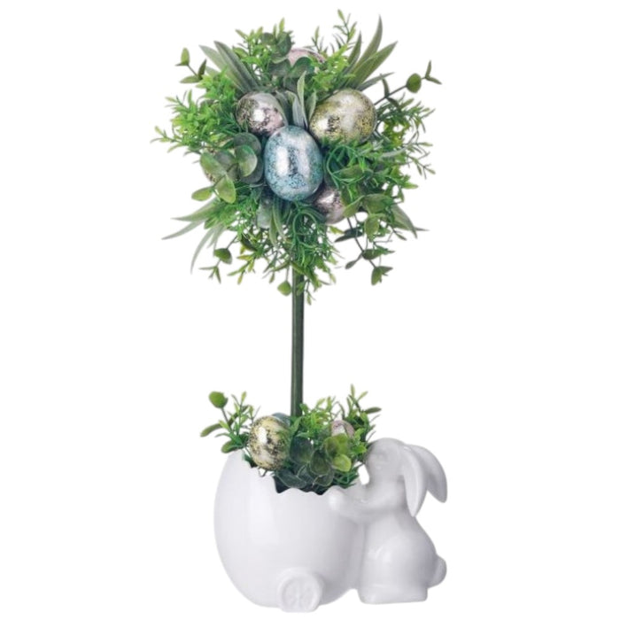 14" Ceramic Bunny Pot with Easter Egg Topiary
