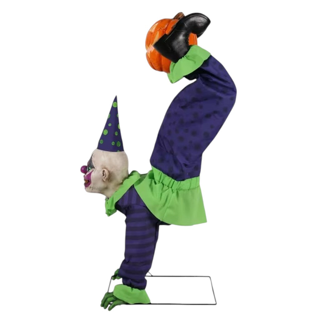 animated clown hanging Halloween prop with jack-o'-lantern