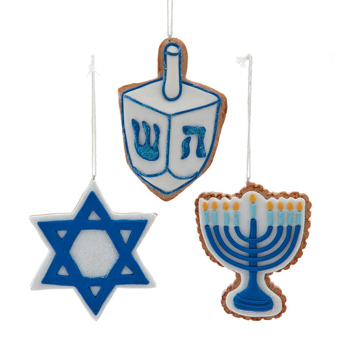 5-inch Hanukkah cookie ornament set with Star of David dreidel and menorah designs