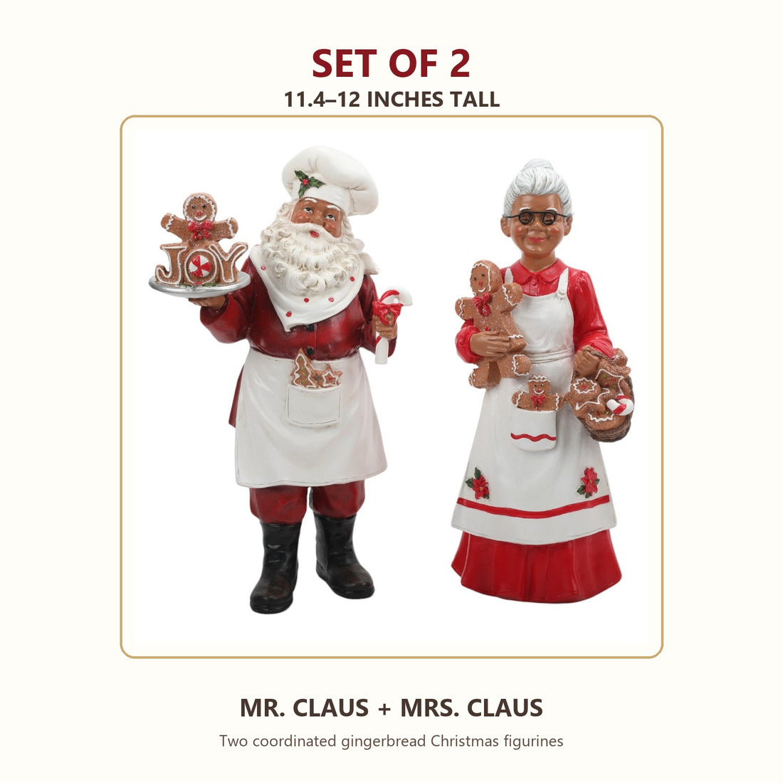 Set of two African American Mr. and Mrs. Claus gingerbread figurines measuring 11.4 to 12 inches