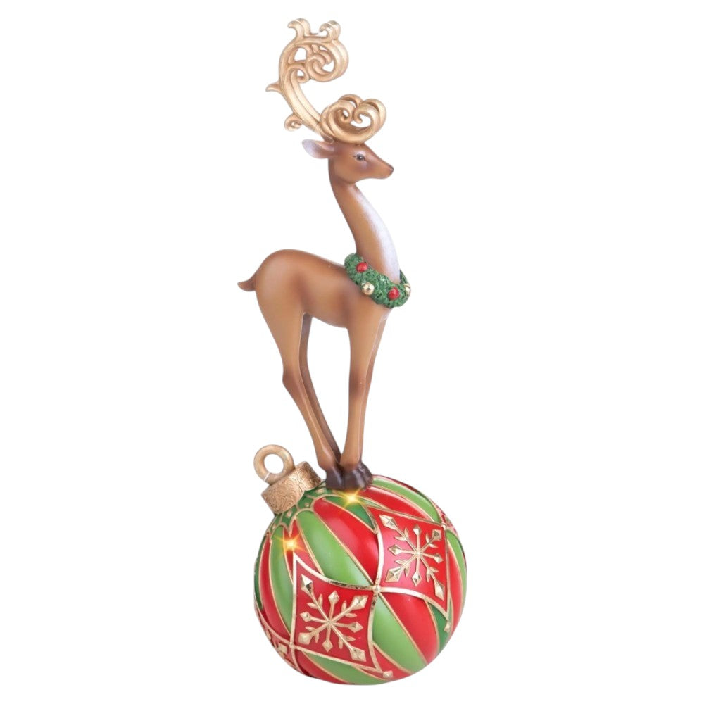 Lighted reindeer Christmas tabletop figurine with ornament ball alternate view