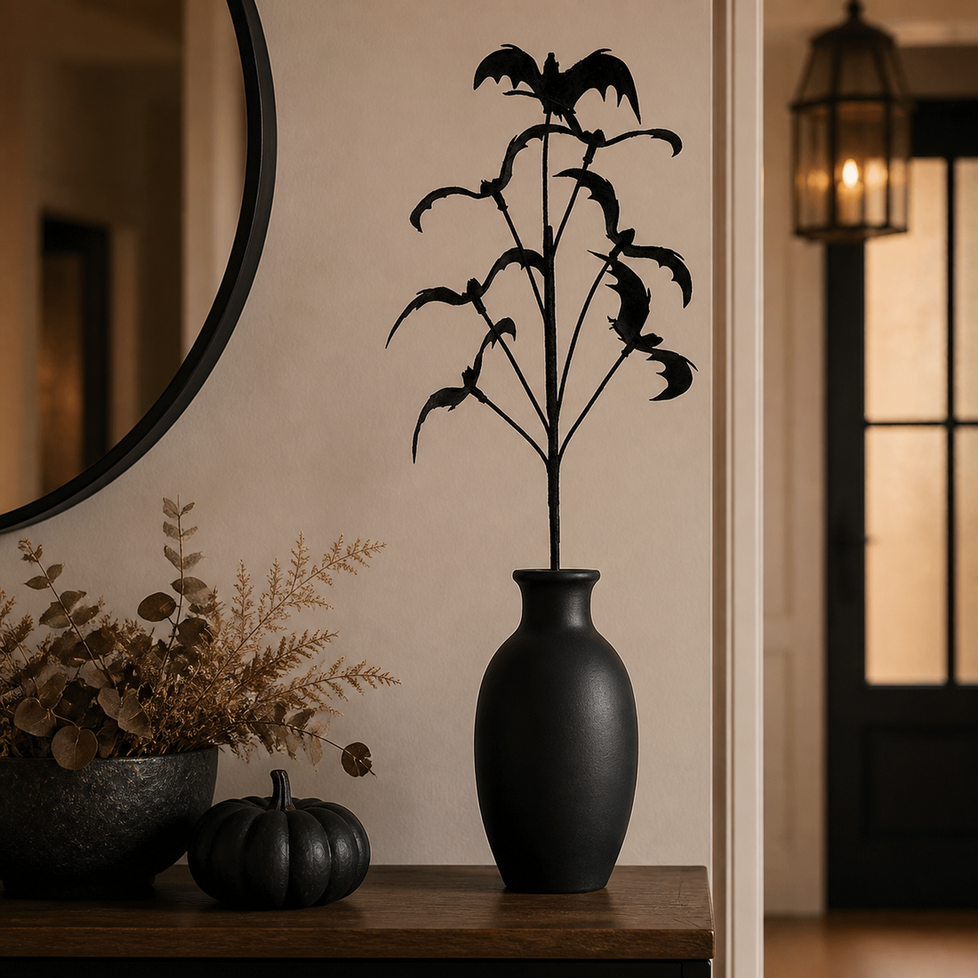 Black fabric bat Halloween floral pick styled in a matte black vase