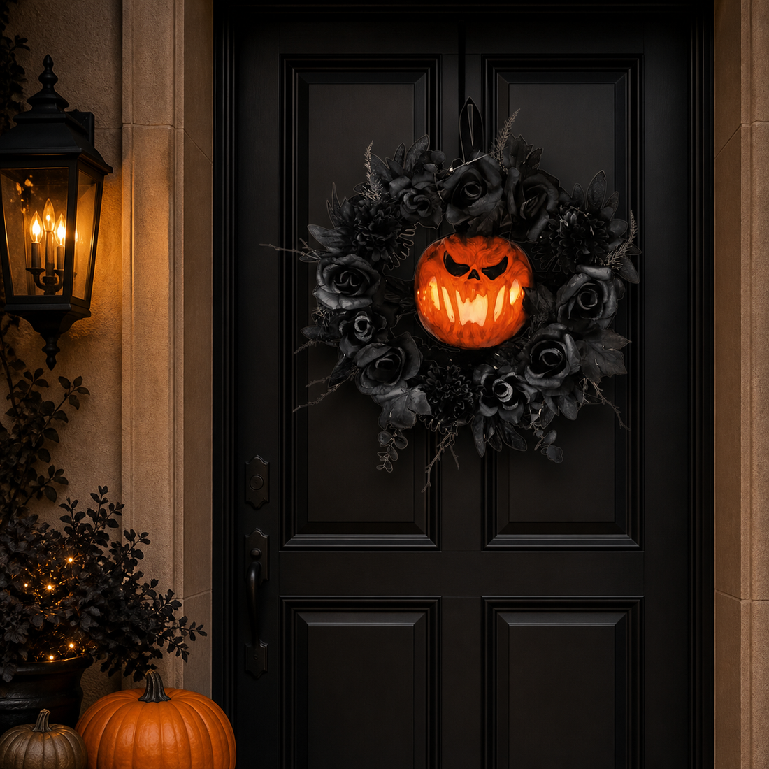 Black floral LED jack-o'-lantern Halloween wreath displayed on an elegant black front door