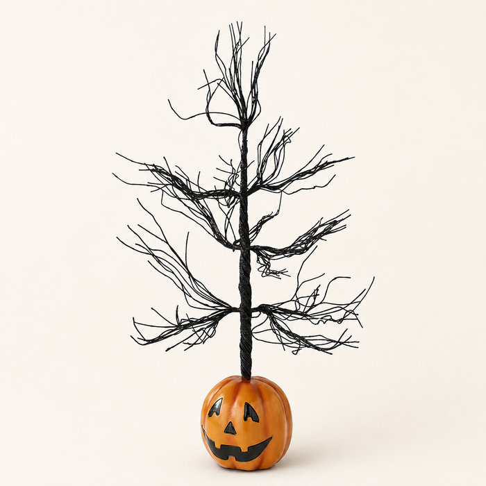 Black glitter Halloween tree with jack-o-lantern base on a neutral catalog background