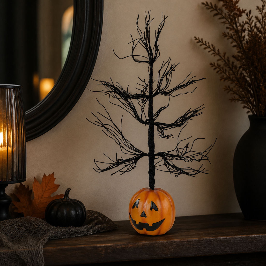 Black glitter Halloween tree with jack-o-lantern base styled on a dark wood console