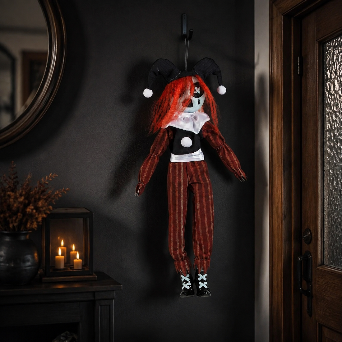 Black and red frown clown doll hanging on a charcoal entryway wall