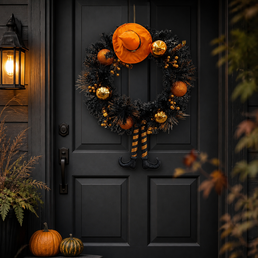 Black witch hat and legs Halloween wreath displayed on a charcoal front door
