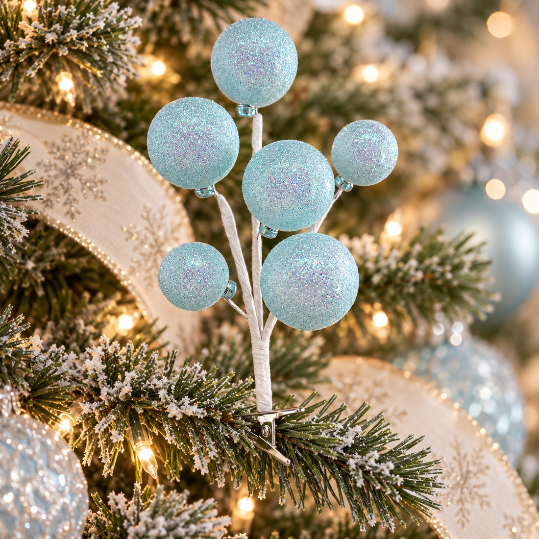 AI-generated styling inspiration: single blue glittered ball clip on tree; accessories not included