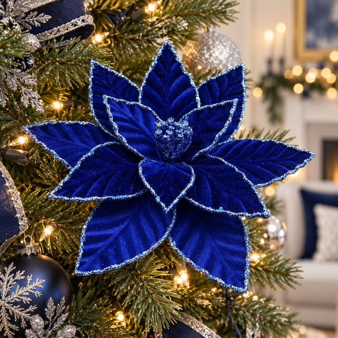 AI-generated styling inspiration: blue poinsettia flower clip on a navy and silver decorated Christmas tree; props not included