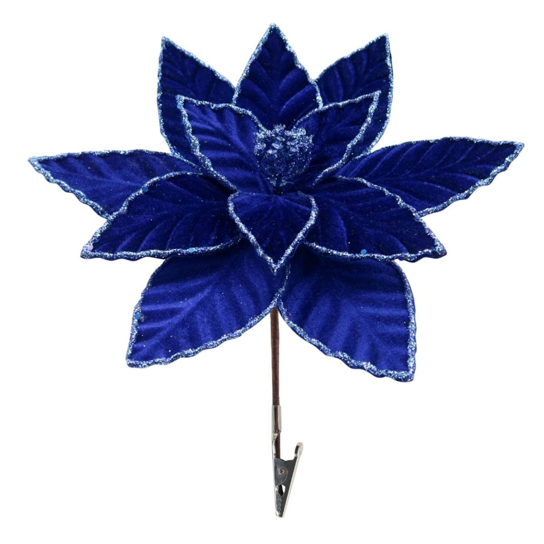 Blue poinsettia flower Christmas tree clip with silver glitter edging on a white background
