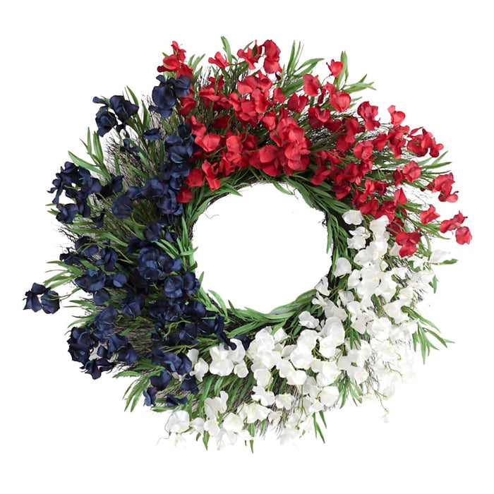 23-inch blue sweet pea floral wreath with greenery