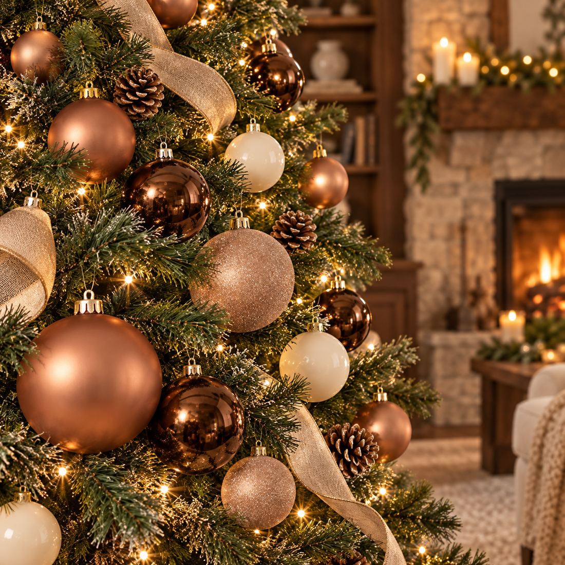 AI-generated woodland Christmas tree styling with mixed brown and cream ball ornaments; props not included
