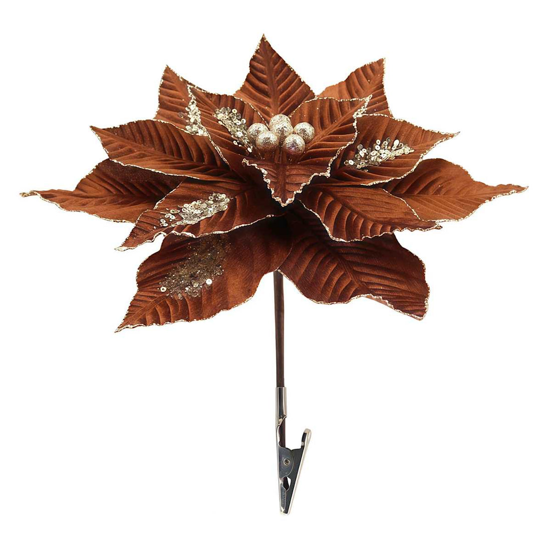 Chocolate brown poinsettia flower tree clip with gold accents on white background