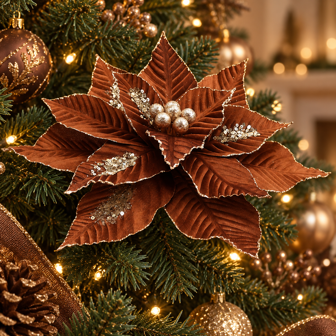 AI-generated styling inspiration: chocolate brown poinsettia flower clip on Christmas tree; other decor not included