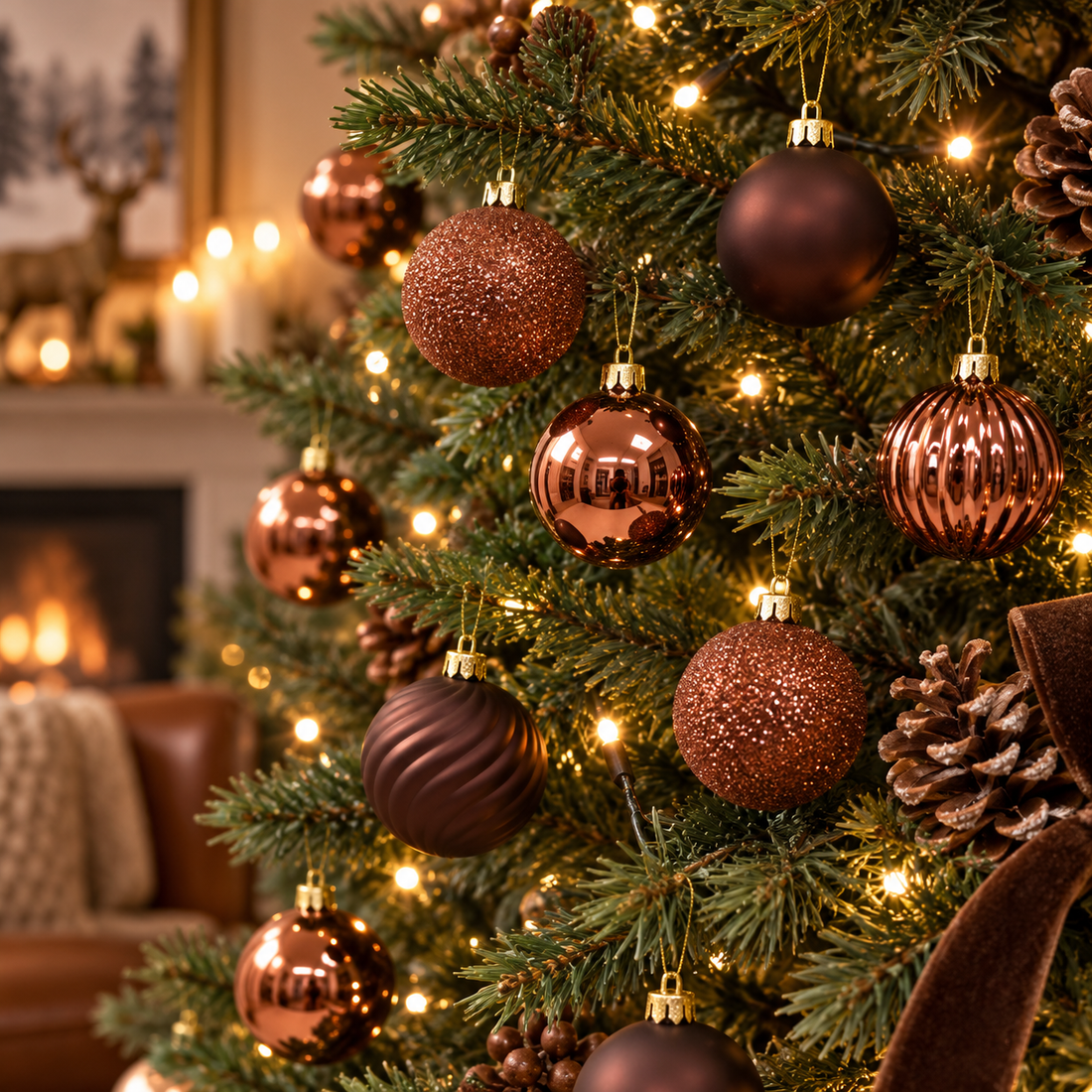 AI styling inspiration with chocolate brown ornaments on a woodland Christmas tree