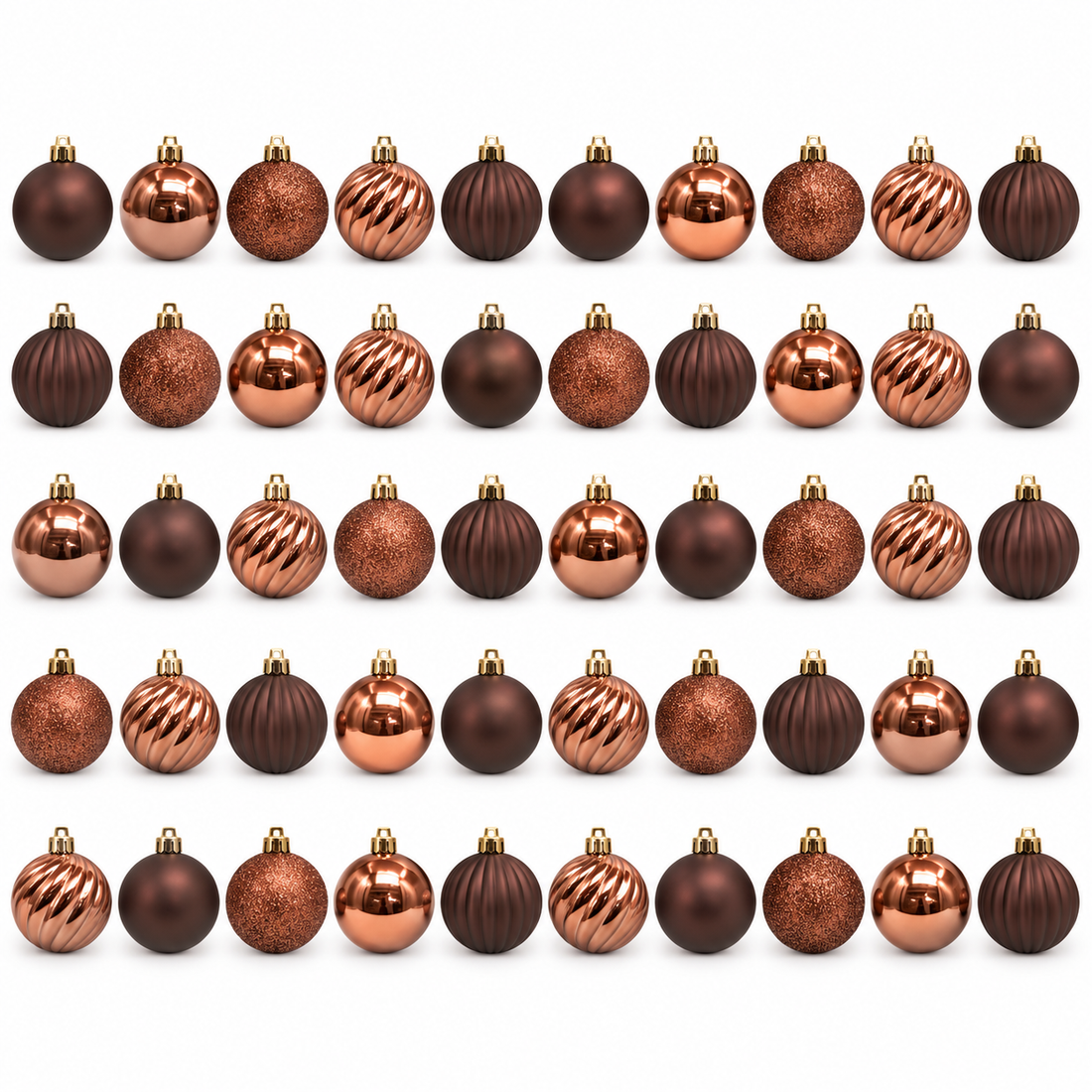 AI illustration of 50 chocolate brown ornaments unpacked on white