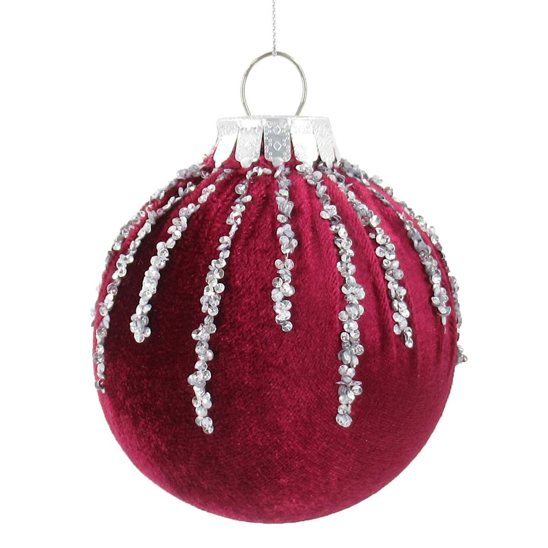 4-inch Burgundy & Silver fabric crystal ornament on white